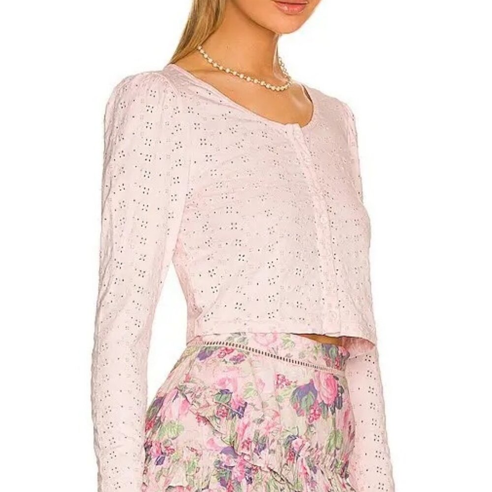 LoveShackFancy Jonah Crop Cardigan Blush Eyelet Button Front Sweater Size S - Picture 2 of 11